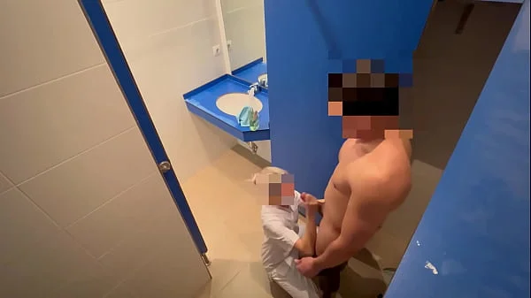 I surprise the gym cleaning girl who when she comes in to clean the toilet she catches me jerking off and helps me finish cumming with a blowjob